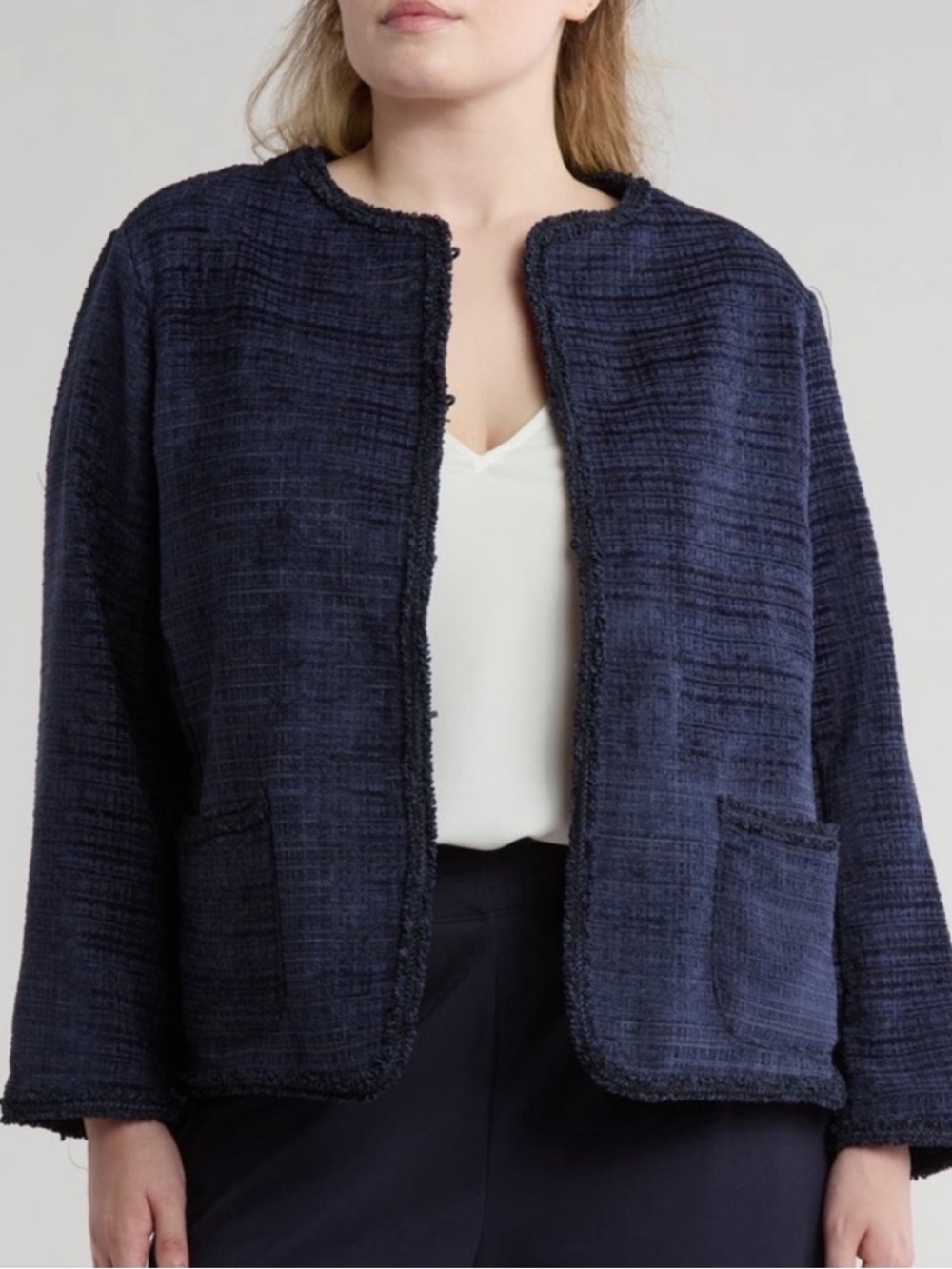 MAX STUDIO LONDON Crosshatch Navy and Black Tweed Short Jacket - Size 3X